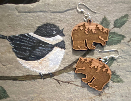 Cherry Wood Earrings, Engraved Trees in Bear Shape