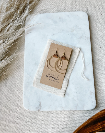 Distressed Brown Leather & Brass Circles Earrings