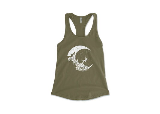 Women's Tank Top, Moon and Climber: Forest Green