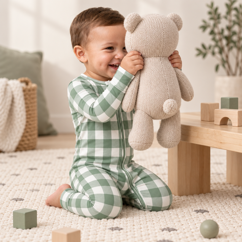 Christmas Checkered Gingham Viscose Bamboo Zipper Romper