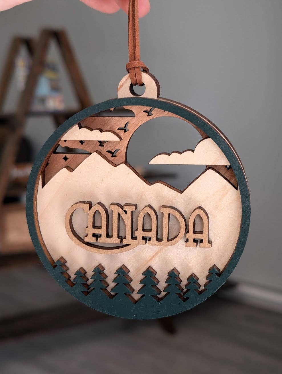 Canada 3D Wood Ornament -  Layered Mountains Christmas: Green with Bronze