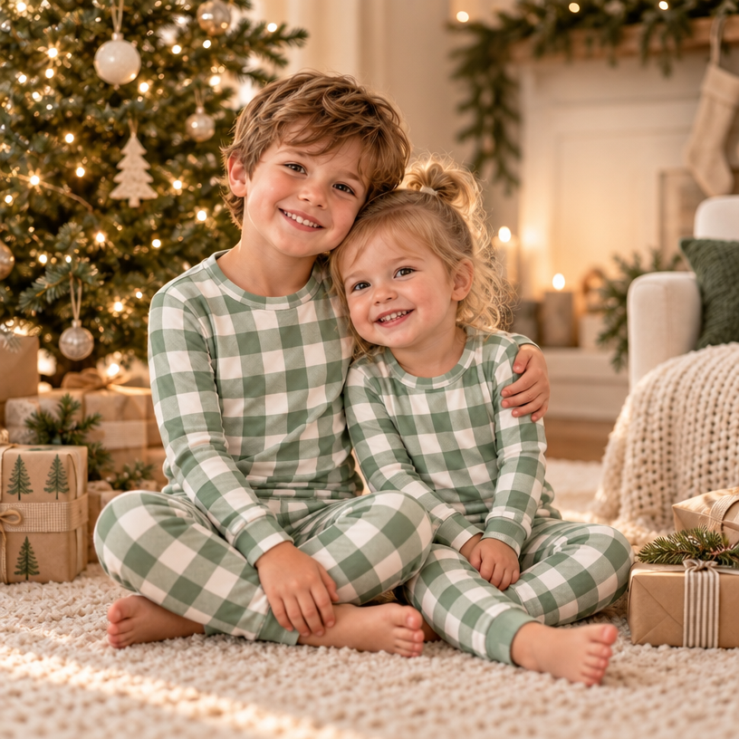 Christmas Checkered Gingham Viscose Bamboo Two-Piece Pajama