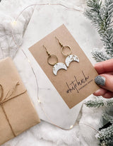 White & Gold Fleck Leather Moon & Brass Ring Earrings