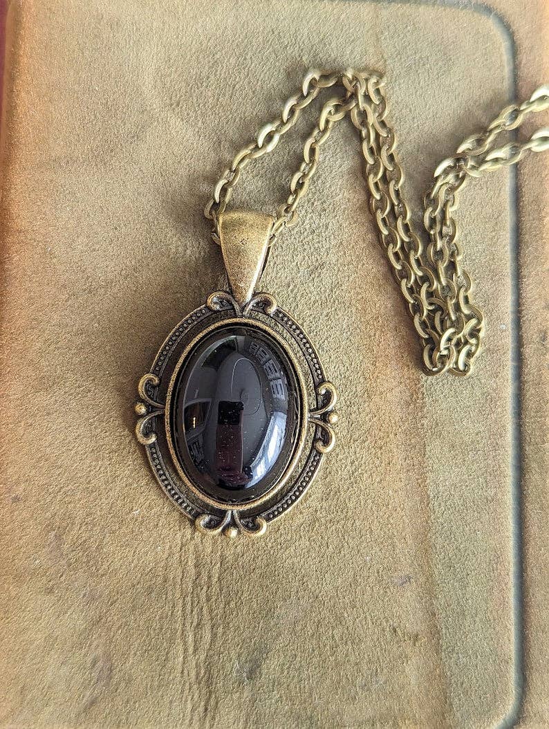 Obsidian Necklace: Antiqued Bronze Pendant, Crystal Jewelry