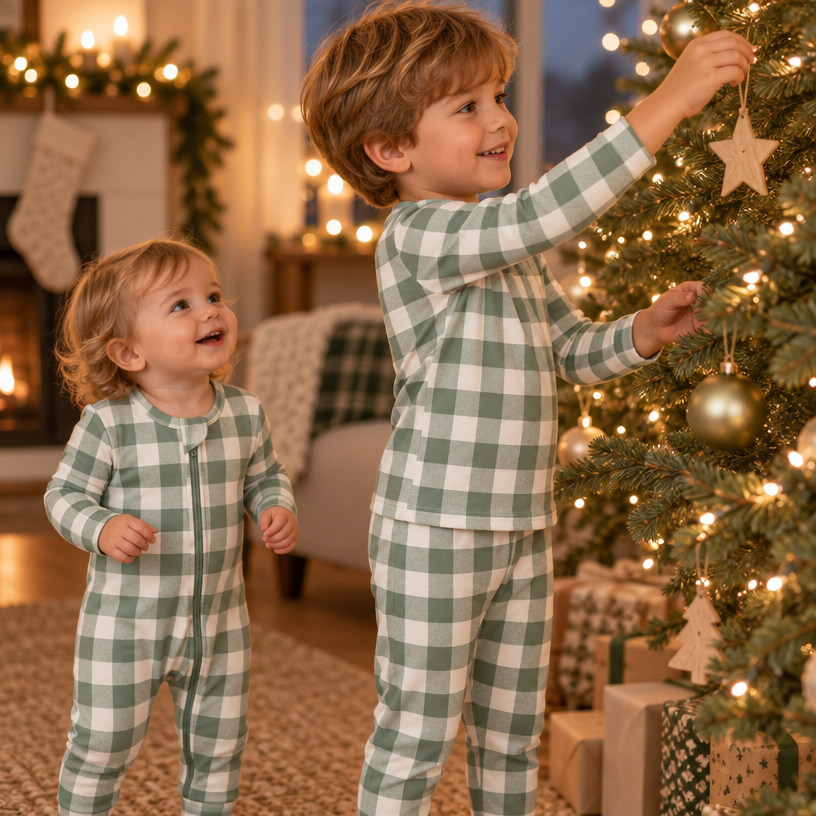 Christmas Checkered Gingham Viscose Bamboo Zipper Romper