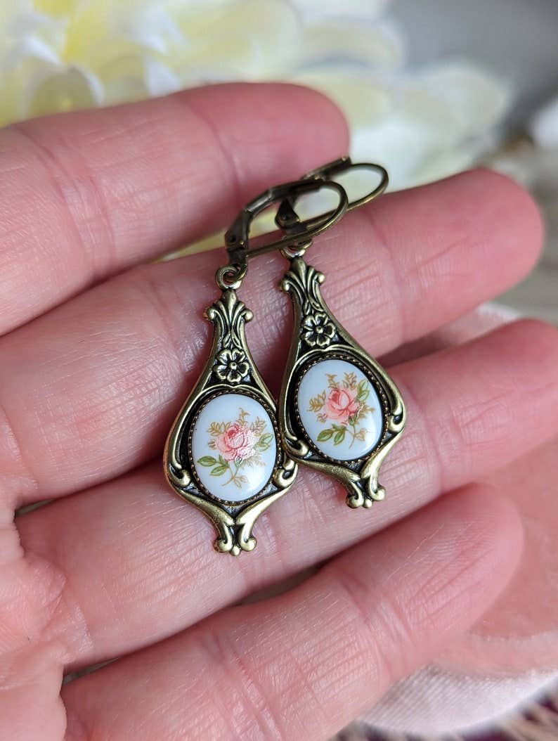 Pink Rose Limoges Earrings: Vintage Style Floral Earrings