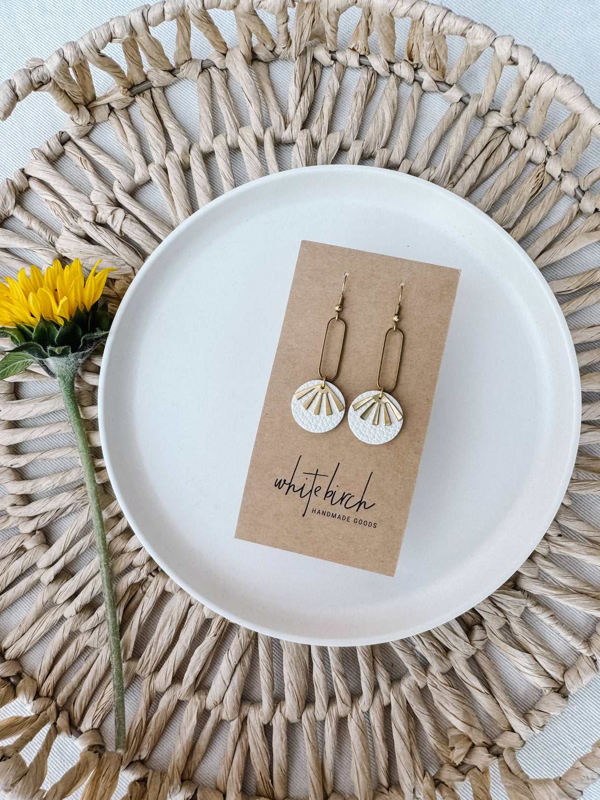 Beige Leather & Brass Sunburst Geometric Earrings: Raw Brass Hooks