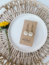 Beige Leather & Brass Sunburst Geometric Earrings: Raw Brass Hooks