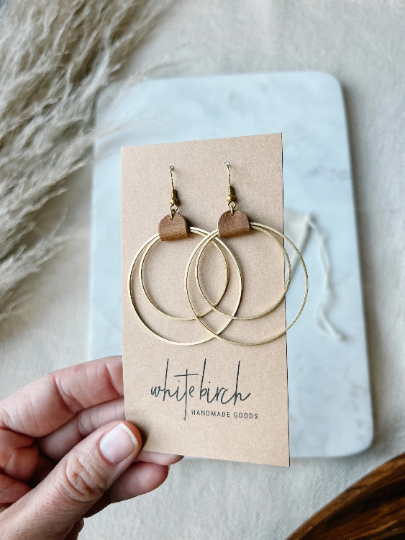 Distressed Brown Leather & Brass Circles Earrings