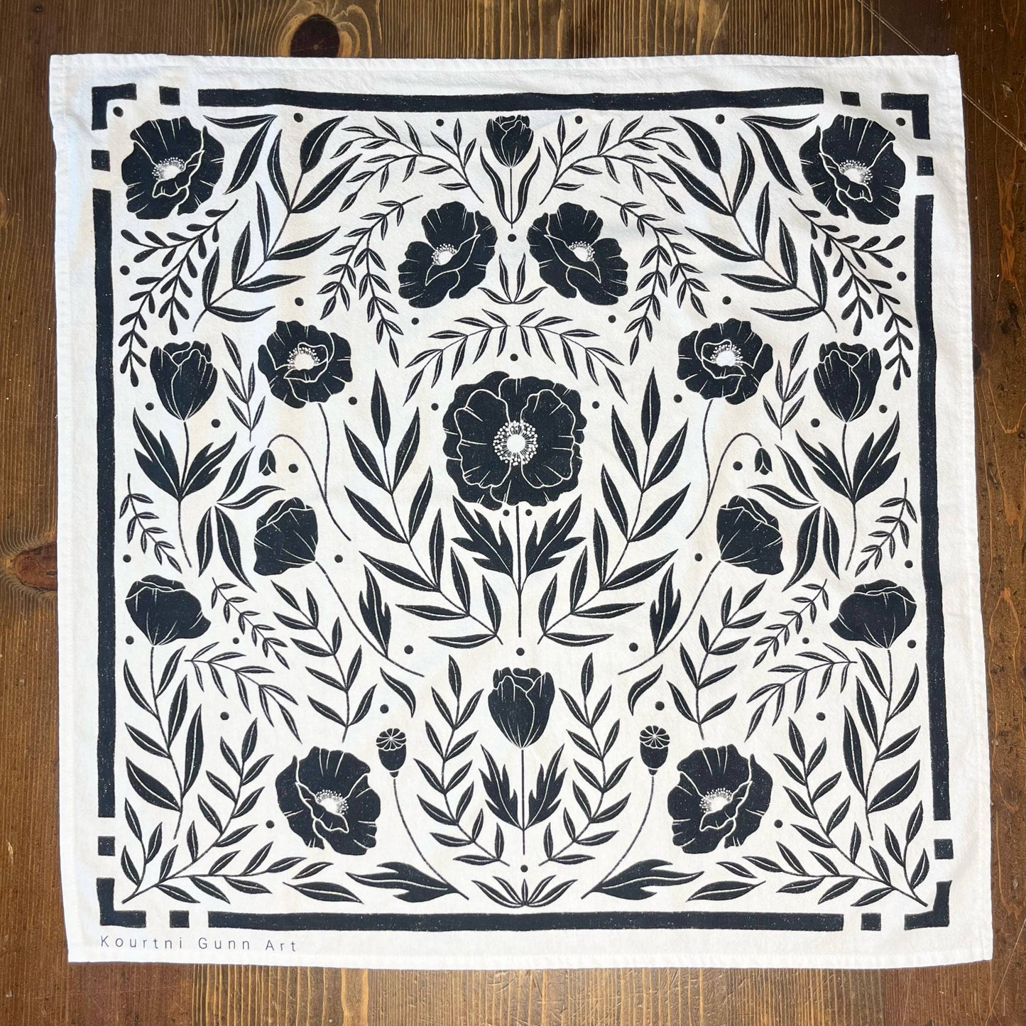 Black Floral Flour Sack Towel  |  Black Poppy Tea Towel