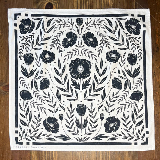 Black Floral Flour Sack Towel  |  Black Poppy Tea Towel
