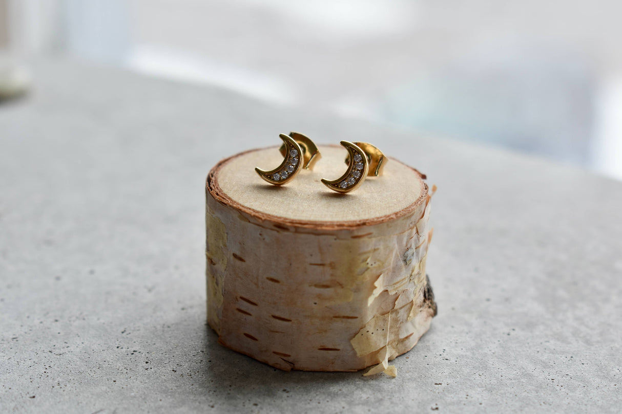 Gold Crystal Moon Stud Earrings