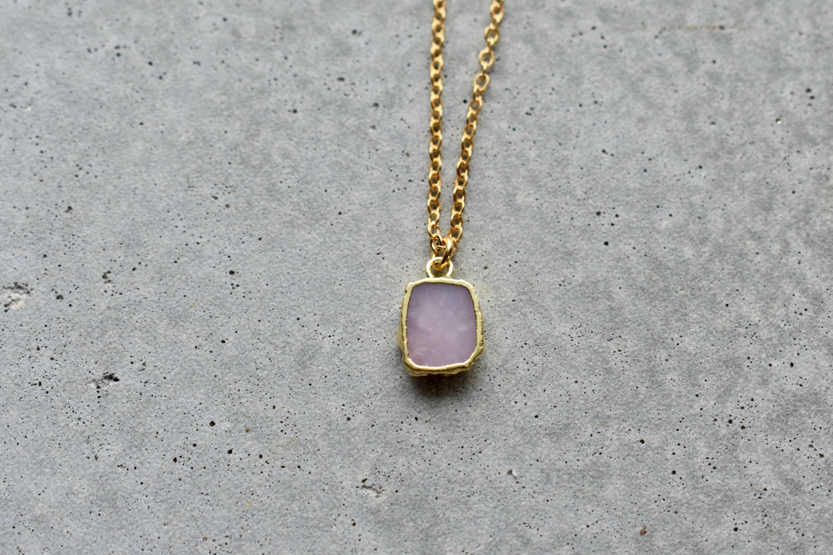 Pink Opal Tiny Rectangle Gold Necklace