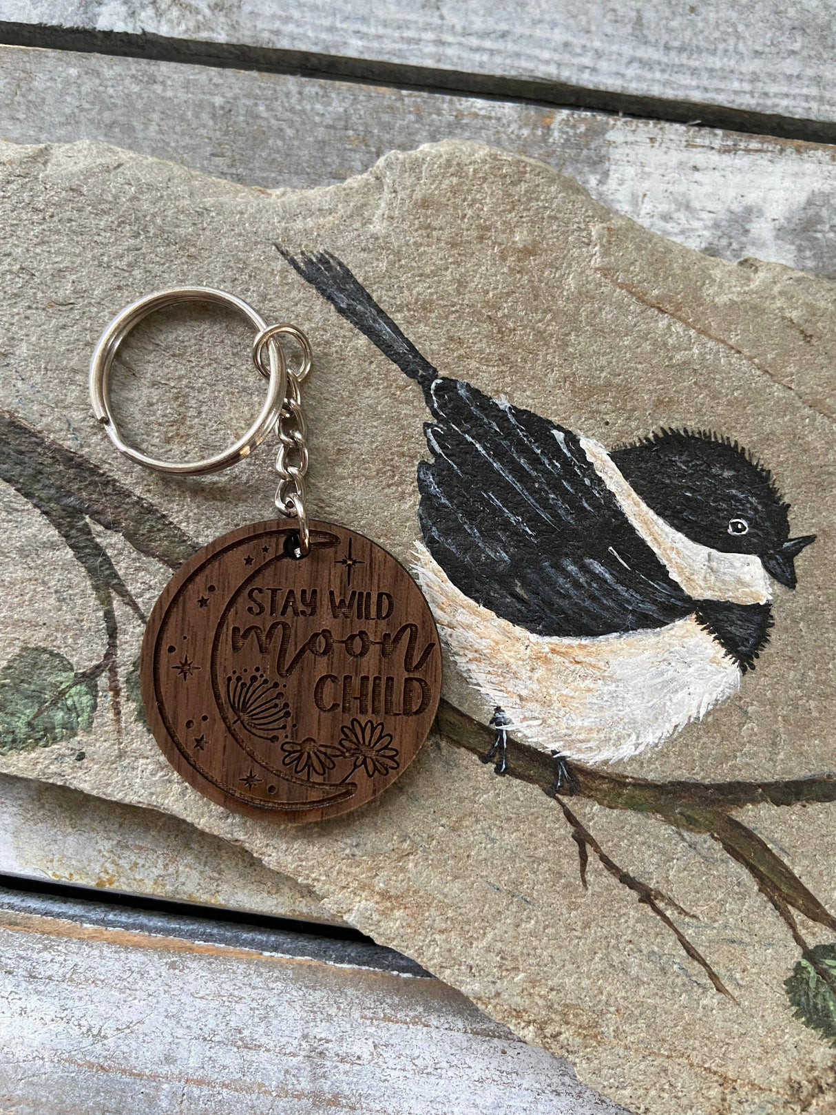 Wooden Keychain - "Stay wild moon child"