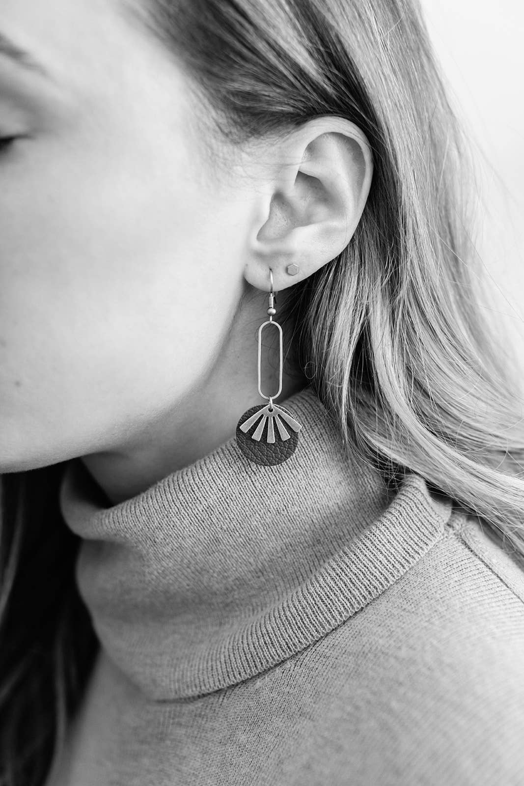 Beige Leather & Brass Sunburst Geometric Earrings: Raw Brass Hooks