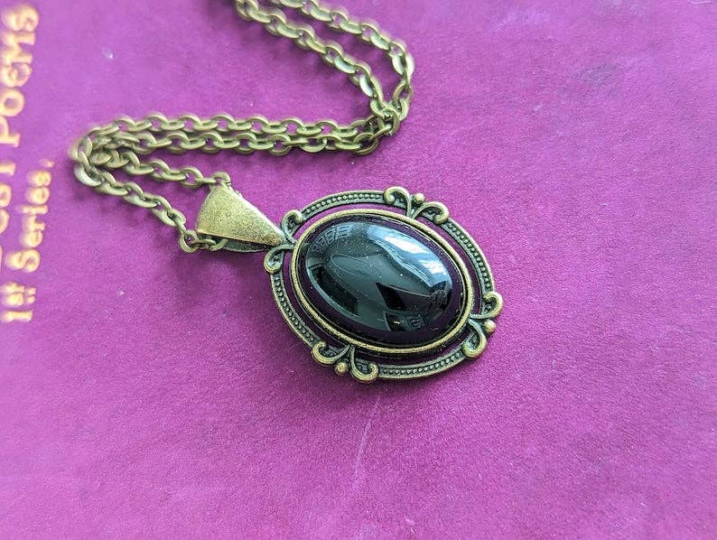 Obsidian Necklace: Antiqued Bronze Pendant, Crystal Jewelry