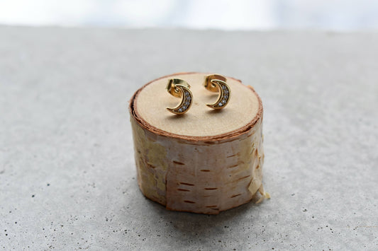 Gold Crystal Moon Stud Earrings