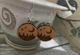 Cherry Wood Earrings, Engraved Trees with Moon/Stars