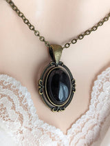 Obsidian Necklace: Antiqued Bronze Pendant, Crystal Jewelry