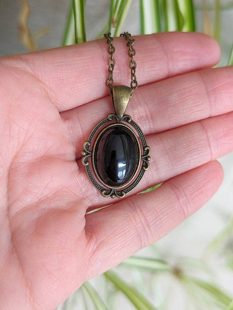 Obsidian Necklace: Antiqued Bronze Pendant, Crystal Jewelry