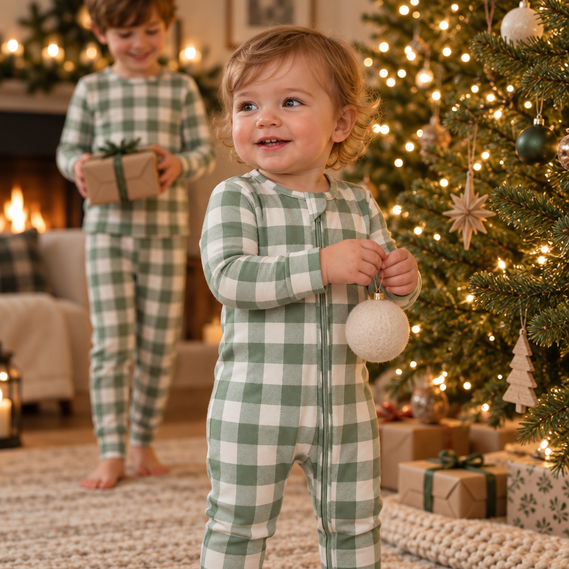 Christmas Checkered Gingham Viscose Bamboo Zipper Romper