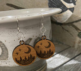 Cherry Wood Earrings, Engraved Trees with Moon/Stars