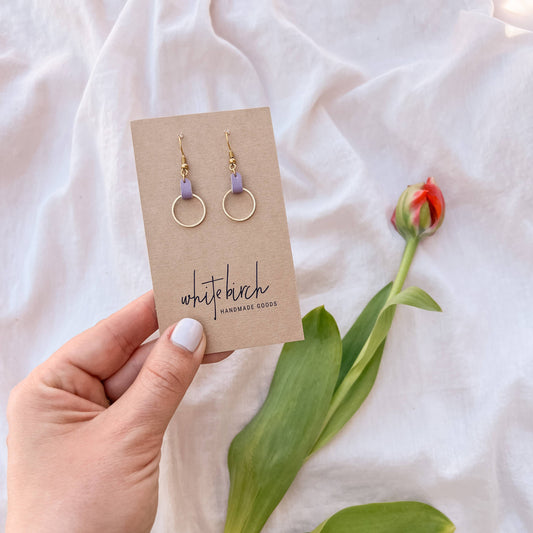 Lilac Leather & Small Brass Circle Earrings