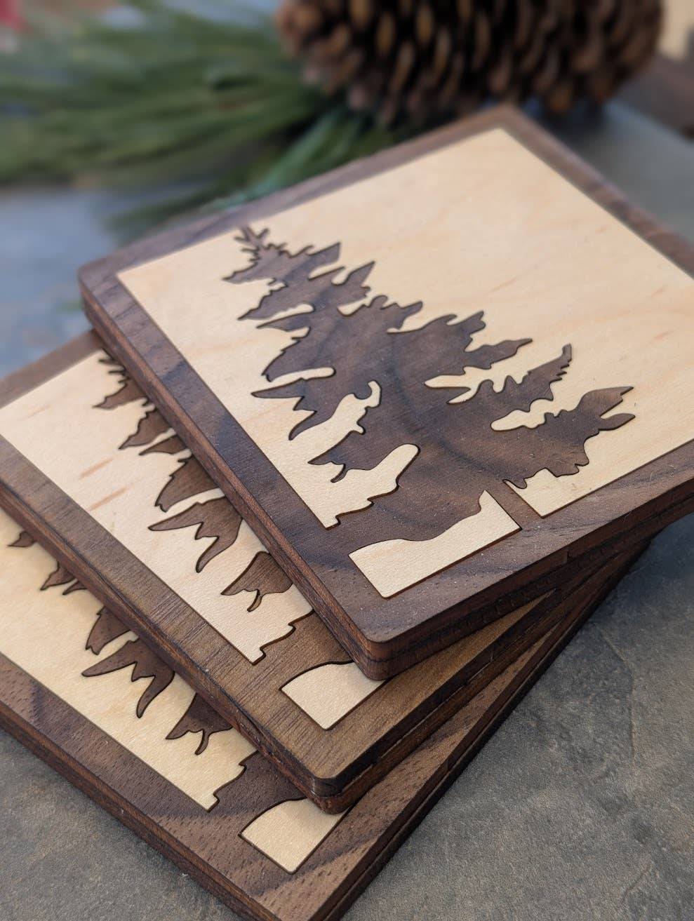 Pine Tree Inlay Wood Coaster - Made in Canada