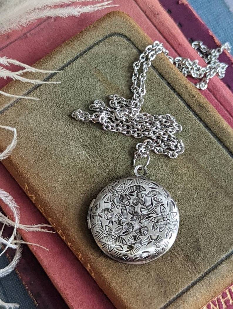 Silver Floral Locket Necklace | Round Photo Keepsake, Handmade