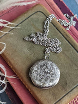 Silver Floral Locket Necklace | Round Photo Keepsake, Handmade