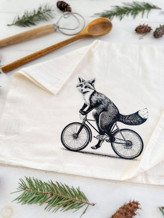 Fox on a Bike Tea Towel