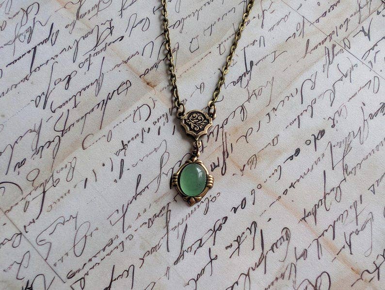 Aventurine Necklace | Vintage Brass Pendant