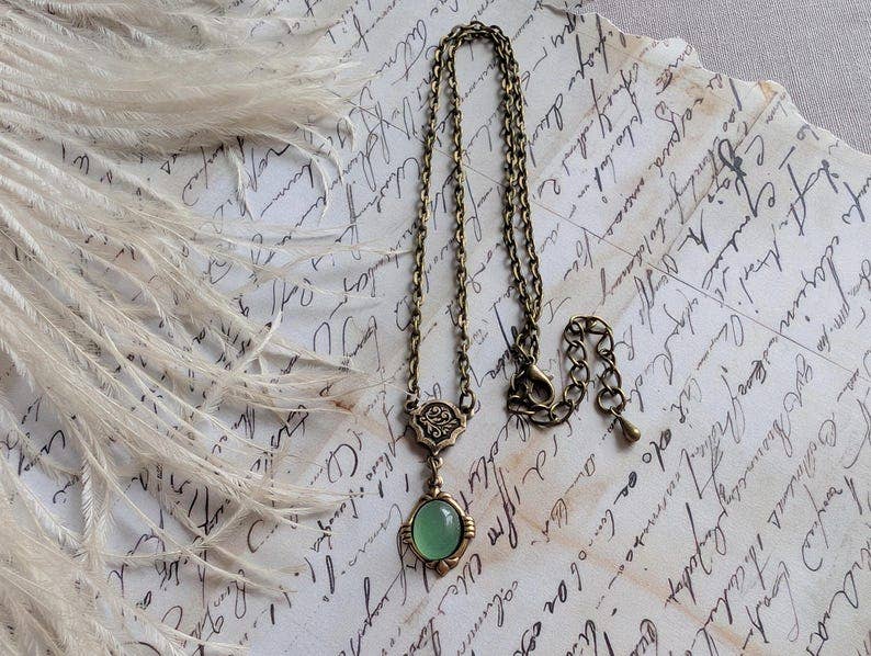 Aventurine Necklace | Vintage Brass Pendant