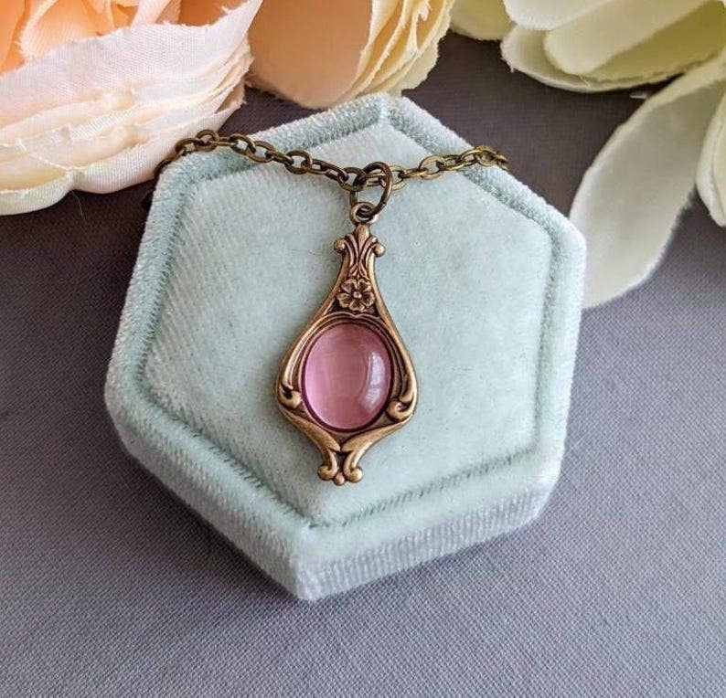 Victorian Pink Pendant Necklace, Vintage Style