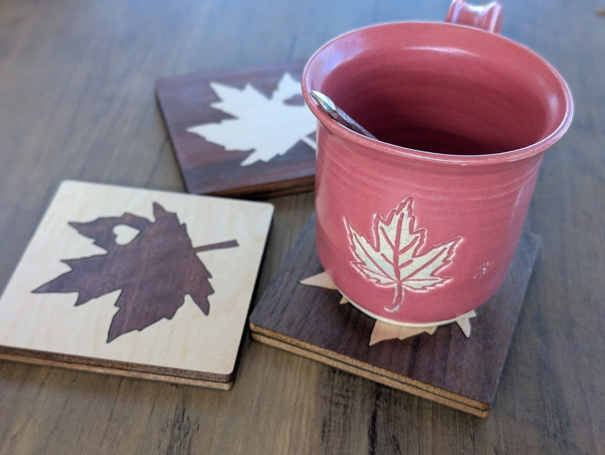 Maple Leaf Wood Inlay Coaster - Made in Canada: Walnut with Maple