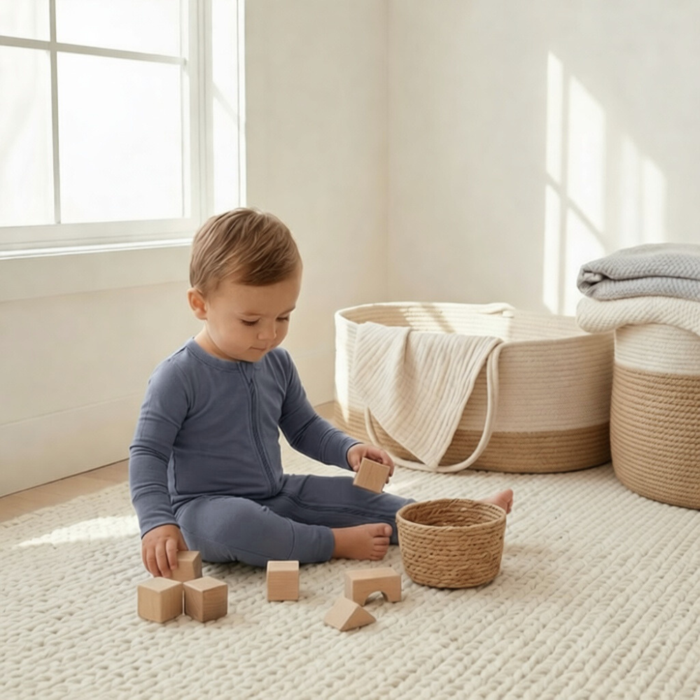 Serenity Blue Bamboo Baby Romper – Soft Stretch Sleepwear