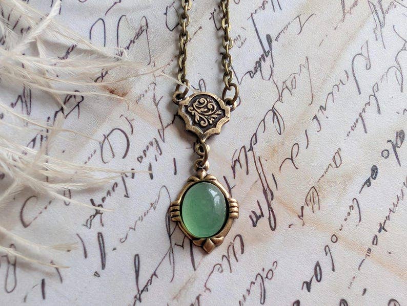 Aventurine Necklace | Vintage Brass Pendant