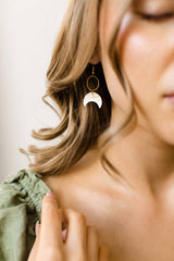 White & Gold Fleck Leather Moon & Brass Ring Earrings