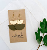 Army Green Leather & Brass Stacked Half Moon Dangle Earrings