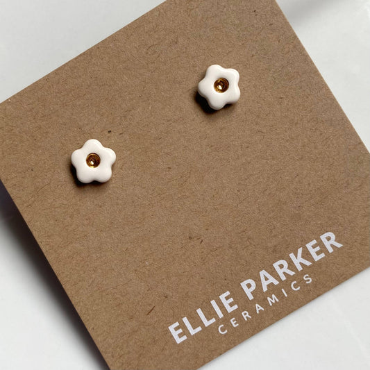 Flower White Ceramic Clay Gold Accent Stud Earrings