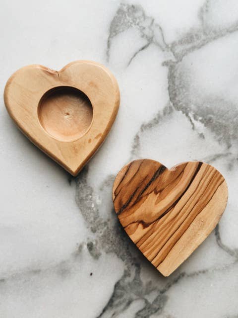 Olive Wood Heart Tea light Candle Holder