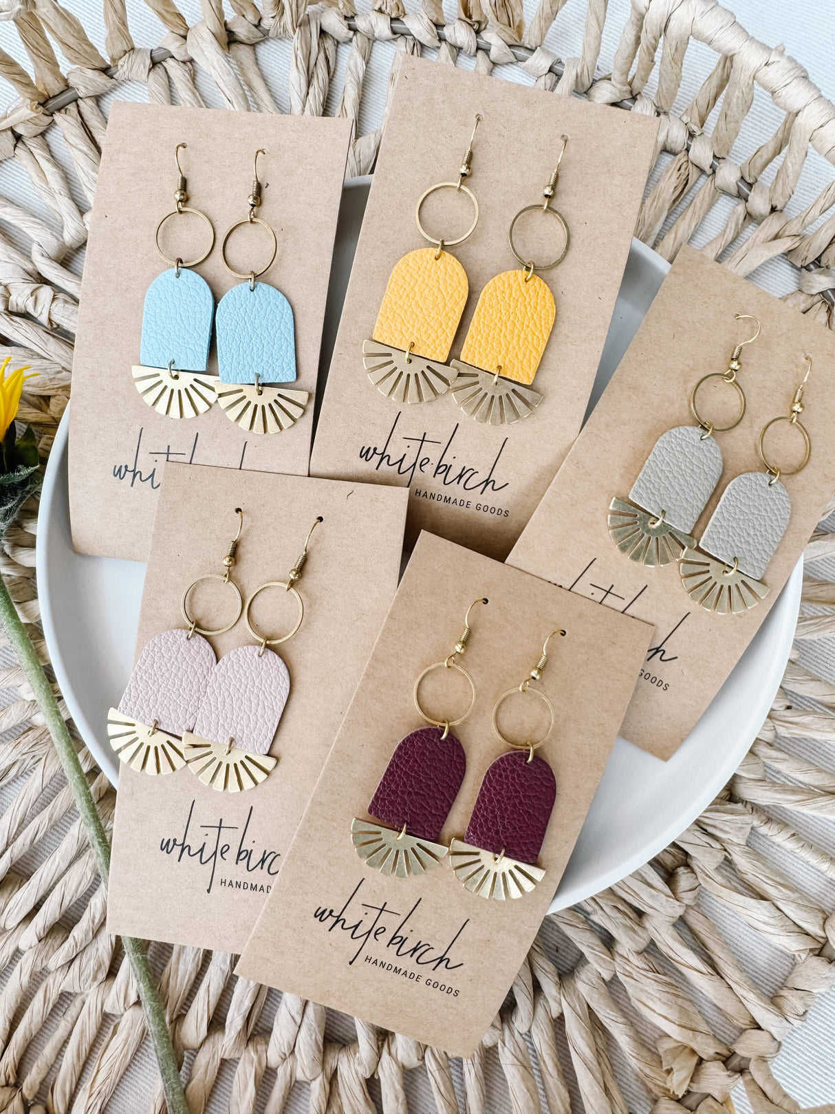 Leather & Brass Sunburst Geometric Earrings: Raw Brass Hooks